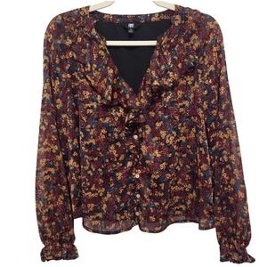 FRYE Floral Print Sheer Ruffle Tie Neck Long Sleeve Blouse Top Women's Size S